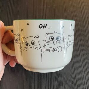 Cute Cat Cats large wide coffee tea Mug Cup black and white teal inside